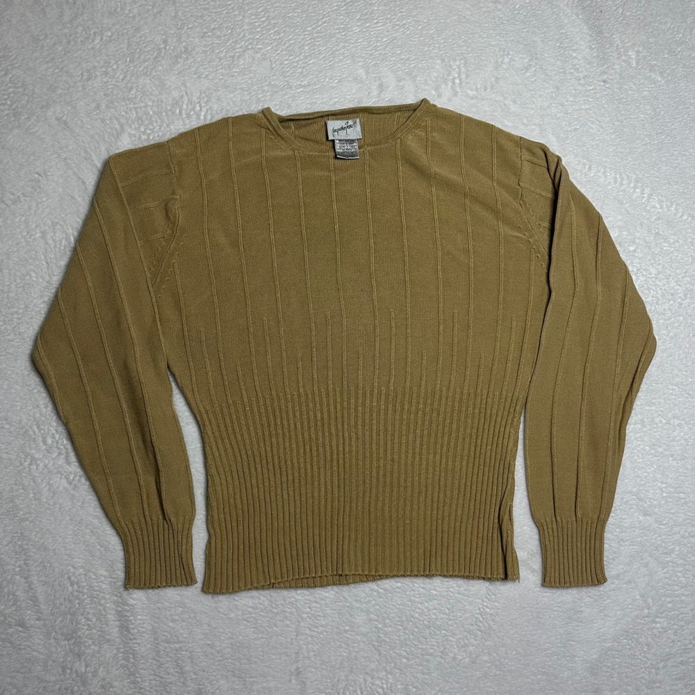 Jacqueline Ferrar Womens Medium 100% Silk Ribbed Knit Crewneck Sweater Tan M